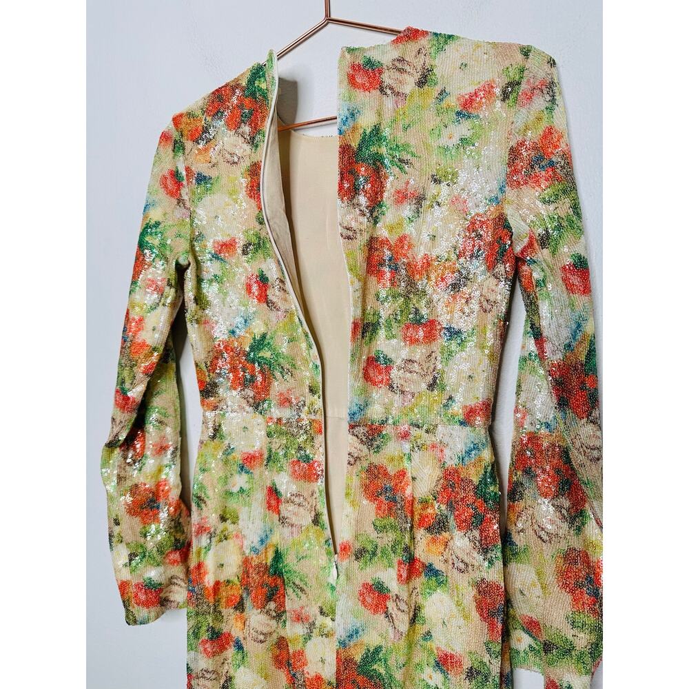 ROSETTA GETTY Multicolored Floral Crepe De Chine Sequin Long Sleeve Gown Size 0 - Picture 7 of 16
